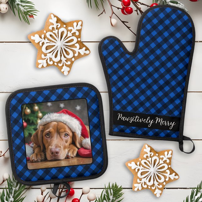 Holiday Blue Kariert Pet Hund Personalisiertes Fot Ofenhandschuh & Topflappen-Set (Von Creator hochgeladen)