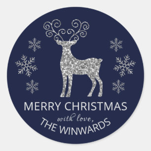 Holiday Blue & Silver Glitzer Weihnachten Schneefl Runder Aufkleber