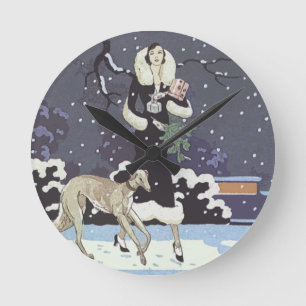 Holiday Borzoi Lady in Snow Runde Wanduhr