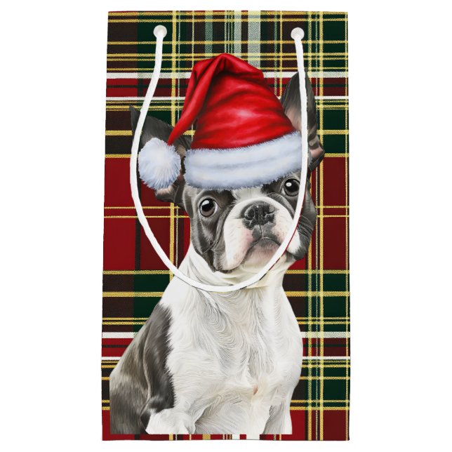 Holiday Boston Terrier Dog Festliche Karierte Weih Kleine Geschenktüte (Vorderseite)