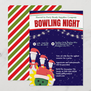 Holiday Bowling Night Weihnachtsmannmützen Blauer  Einladung