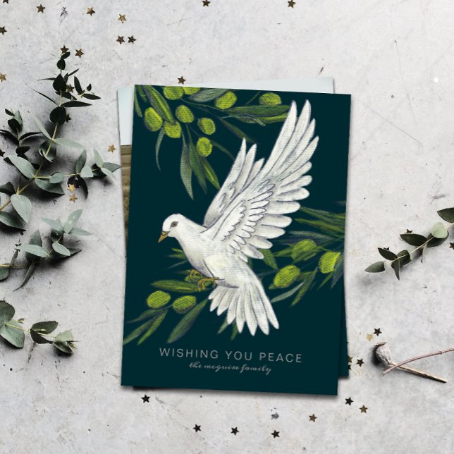 Holiday Card für die "Peace Dove and Olive Branche Einladung (a flat Christmas card with the message "wishing you peace" and an illustrated white dove)