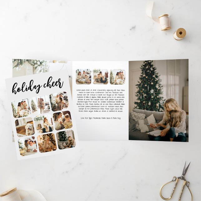 Holiday Chee Foto Weihnachten Personalisiert Dreifach Gefaltete Karte (Holiday Cheer Photo Christmas Personalized Tri-Fold Cards from Ricaso. Add 16 photographs and text)