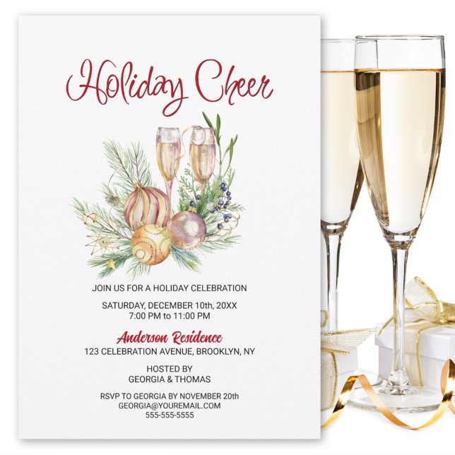 Holiday Cheer Baubles und Champagne Holiday Party Einladung (Von Creator hochgeladen)