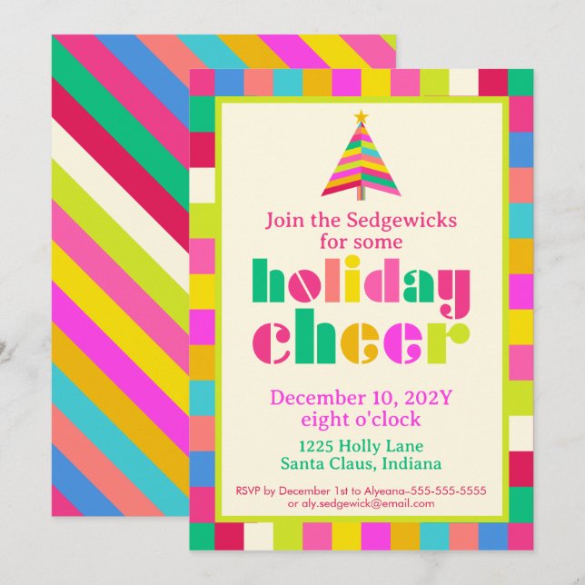 Holiday Cheer Bright Modern Rainbow Stripes Party Einladung (Vorne/Hinten)
