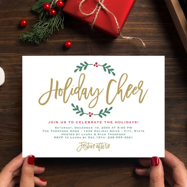 Holiday Cheer Modernes Gold Script Weihnachtsfest  Einladung (Von Creator hochgeladen)
