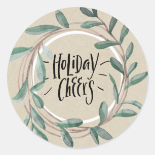 Holiday Cheers Rustic Kraft Botanischer Leaf Kranz Runder Aufkleber