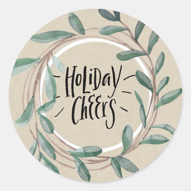 Holiday Cheers Rustic Kraft Botanischer Leaf Kranz Runder Aufkleber (Vorderseite)