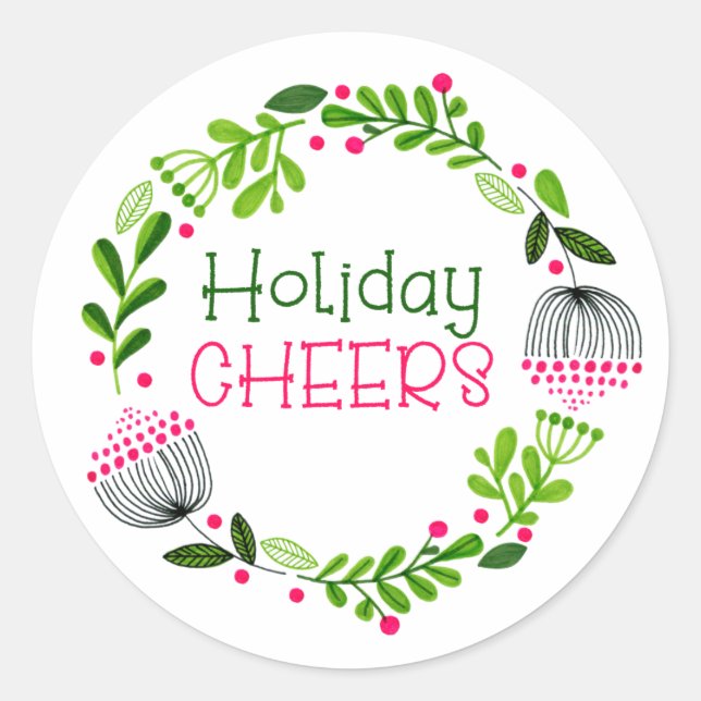 Holiday Cheers Wreath Green Foliage Pink Runder Aufkleber (Vorderseite)