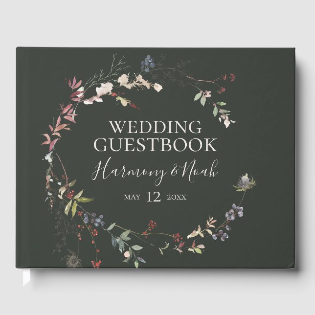 Holiday Chic Botanical | Dunkelgrüne Hochzeit Gästebuch (Vorderseite)