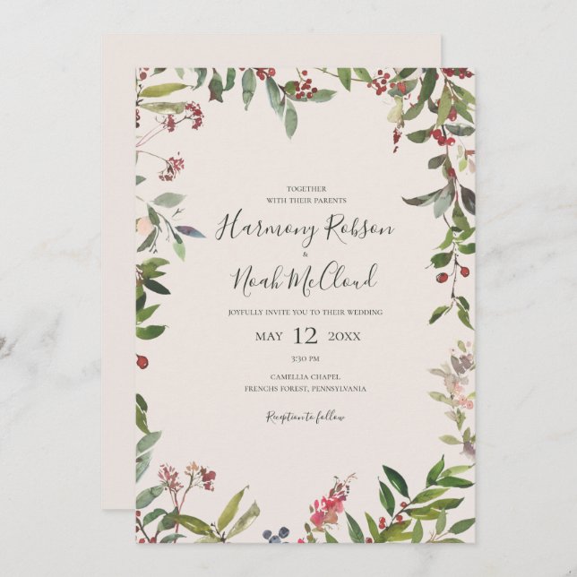 Holiday Chic Botanical | Lässige Hochzeit mit Cham Einladung (Vorne/Hinten)