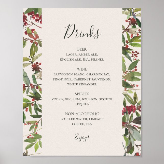 Holiday Chic Botanical | Menü "Champagner Drinks" Poster (Vorne)