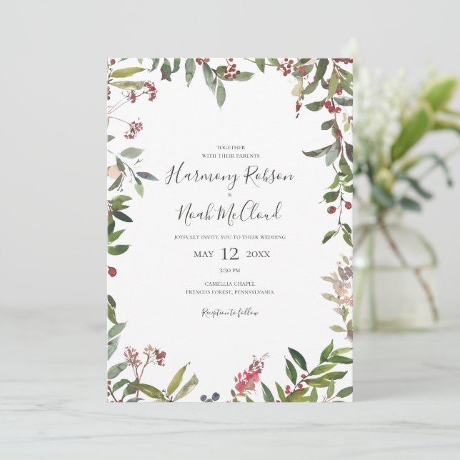 Holiday Chic Botanical | Weiß in einer Hochzeit Einladung (Stehend Vorderseite)