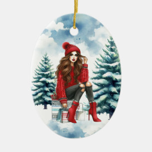 Holiday Chic Brünett Red Fashion Personalisiert Keramik Ornament