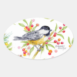 Holiday Chickadee Berry Branch Greeting Card Ovaler Aufkleber