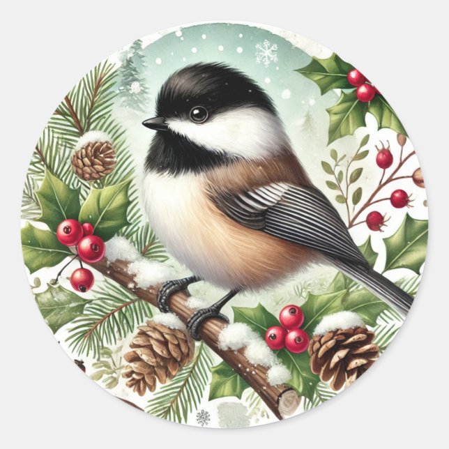 Holiday Chickadee Runder Aufkleber (Vorderseite)