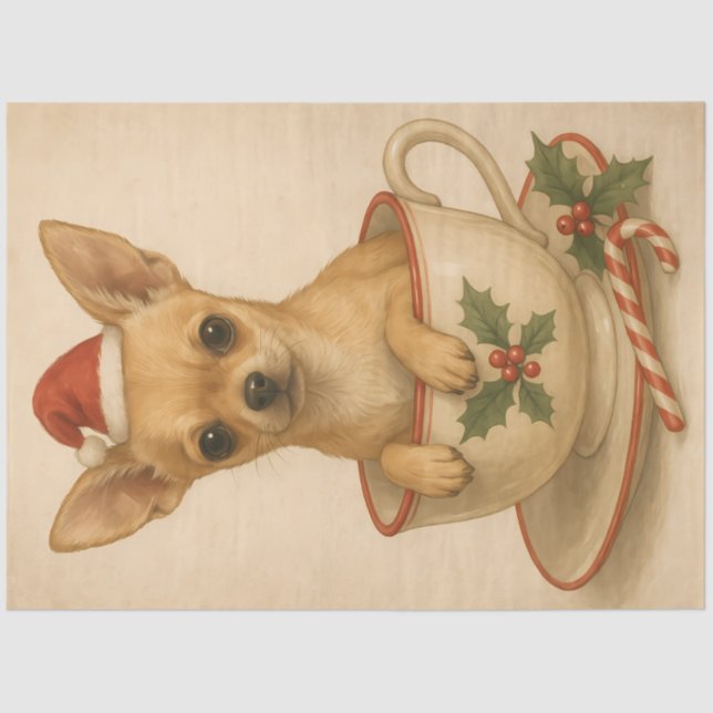 Holiday Chihuahua in Holly Teacup – Cute Christmas Seidenpapier (Vorderseite)