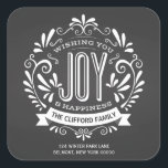 HOLIDAY CHRISTMAS JOY CHALKBOARD ADRESSE STICKERS<br><div class="desc">WISHEND SIE FREUEN: Helle und fröhliche kalkartige, runde Chalkboard-Stil Weihnachtsschmuck mit Retro-Banner, Vintage Schwarz-Weiß-Typografie und extravagante Wirbel. Personalisieren Sie diesen dekorativen SQUARE-Aufkleber als Rücksendeaufkleber mit Ihrem Familiennamen oder Ihrer persönlichen Nachricht. Perfekte Dekoration zum Siegel aller Ihrer Grußkarten-Umschläge. Zeitgenössische, klassische, moderne und stilvolle Art und Weise zu schicken angesagte fröhliche Winterurlaub...</div>