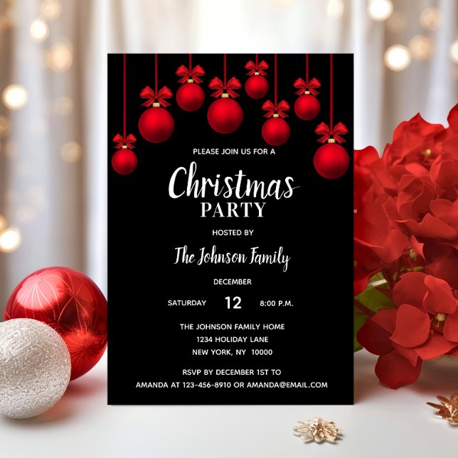 Holiday CHRISTMAS PARTY Weißes Rotes Schwarzes Orn Einladung (Holiday CHRISTMAS PARTY White Red Black Ornaments Invitation)
