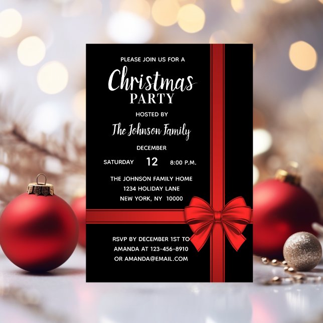Holiday CHRISTMAS PARTY White Red Black Bow Einladung (Holiday CHRISTMAS PARTY White Red Black Bow Invitation)