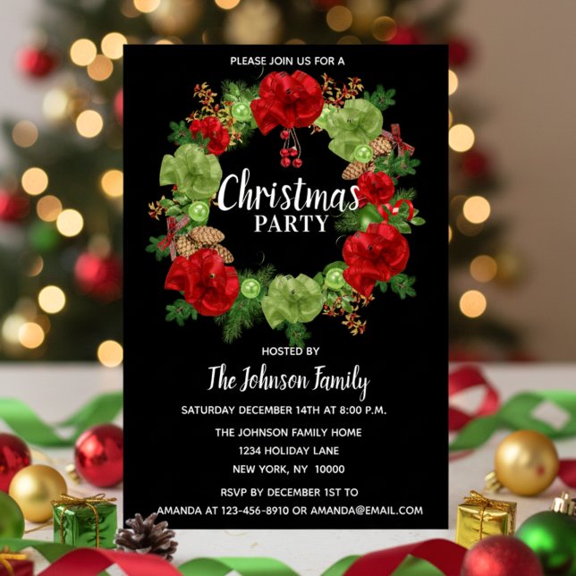 Holiday CHRISTMAS PARTY Wreath Black Red White Einladung (Holiday CHRISTMAS PARTY Wreath Black Red White Invitation)