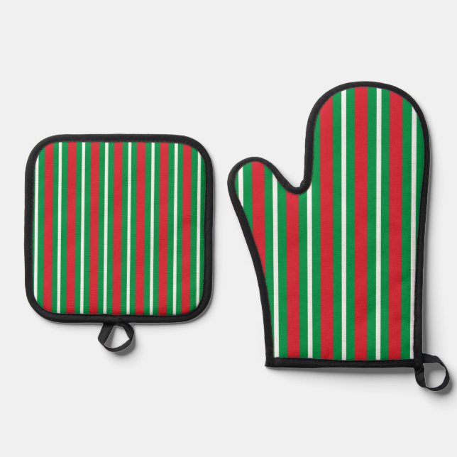 Holiday Colours Green Red White Stripes Ofenhandschuh & Topflappen-Set (Vorderseite)