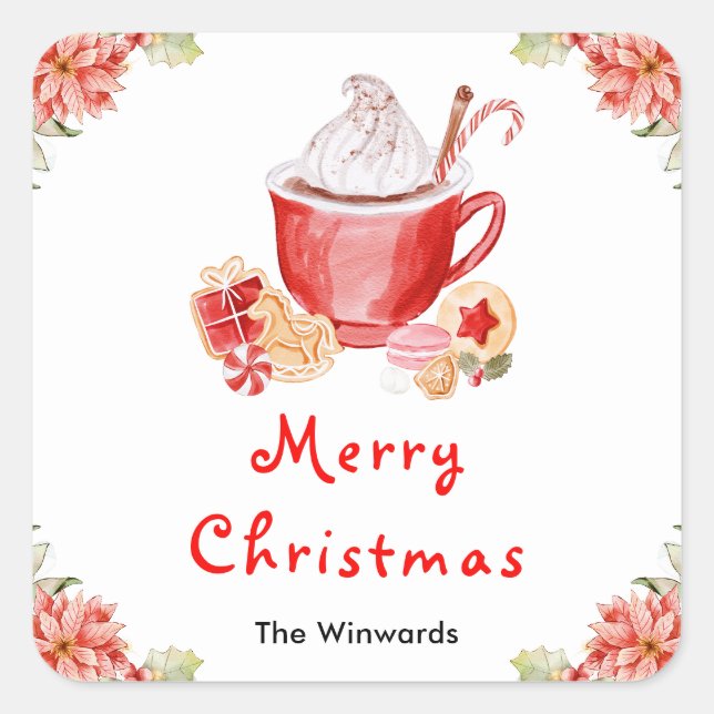 Holiday Cookies and Cocoa Red Merry Christmas Quadratischer Aufkleber (Vorderseite)
