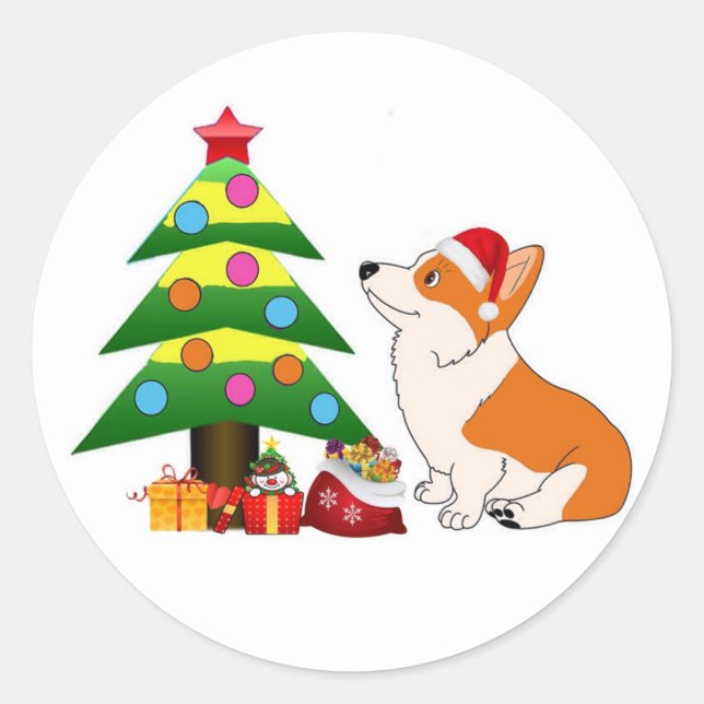 Holiday Corgi Cartoon mit Tree Runder Aufkleber (Vorderseite)