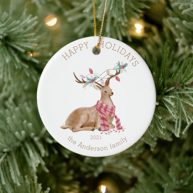 Holiday Deer Colorful Happy Holidays Foto Keramik Ornament (Baum)