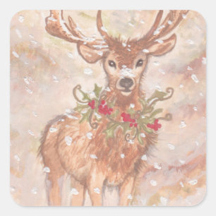 Holiday Deer in Snow Quadratischer Aufkleber