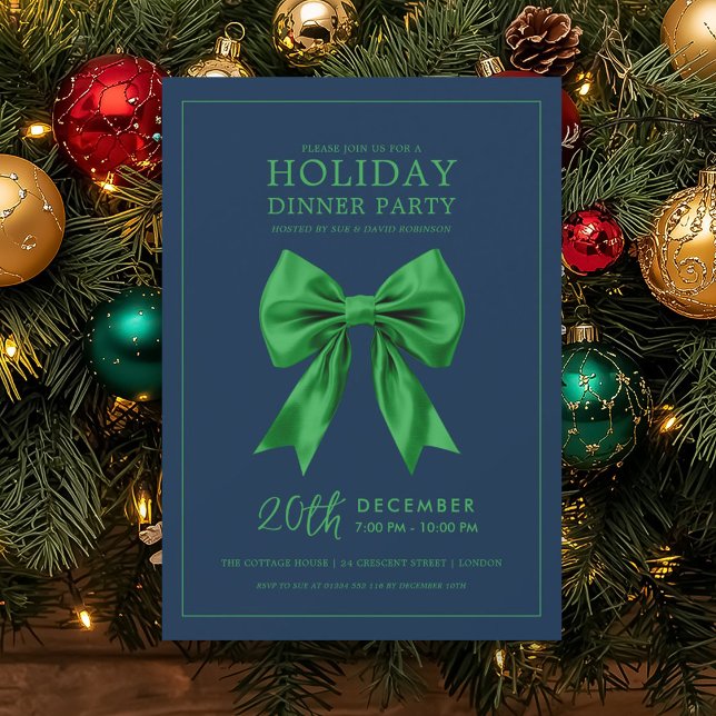 Holiday Dinner Party Green Satin Bow Navy  Einladung (Holiday Dinner Party Green Satin Bow Navy Invitation)