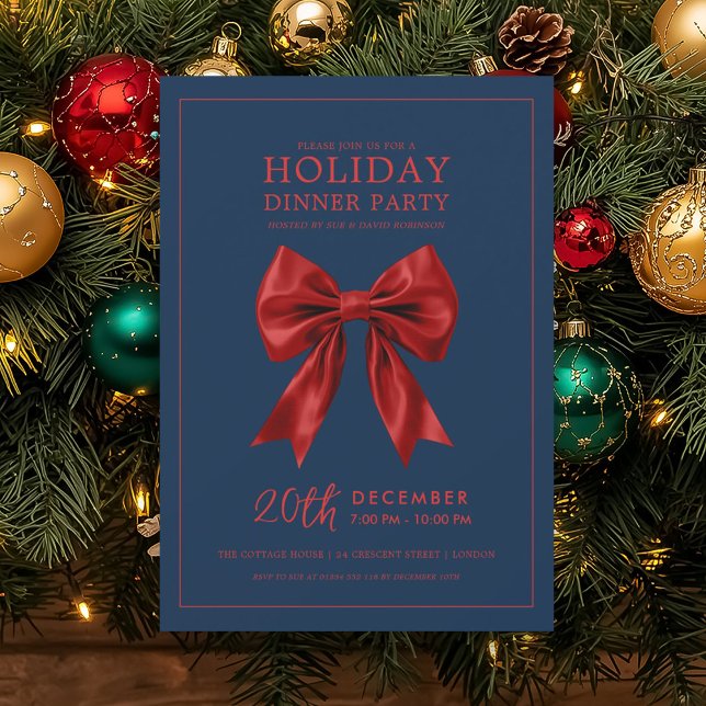 Holiday Dinner Party Red Satin Bow Navy  Einladung (Holiday Dinner Party Red Satin Bow Navy Invitation)