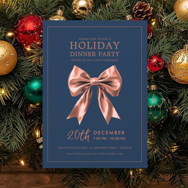 Holiday Dinner Party Rose Gold Satin Bow Navy Blue Einladung (Holiday Dinner Party Rose Gold Satin Bow Navy Blue Invitation)