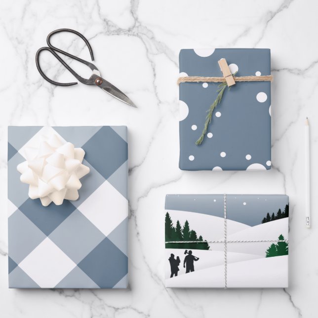 Holiday Dusty Blue Kariert und Winterschneewald Geschenkpapier Set (Vorderseite)