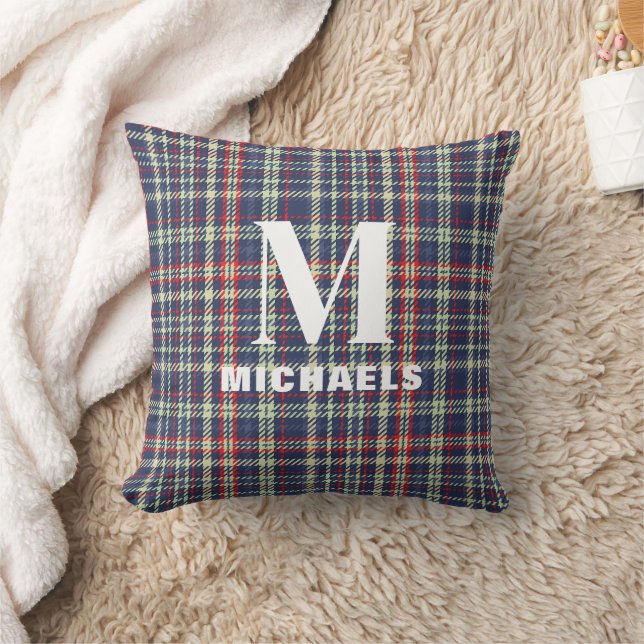 Holiday Elegant Monogram Initial Navy Blue Plaid  Kissen (Decke)