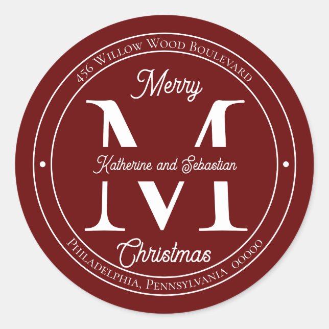 Holiday Elegante Monogram Rücksendeadresse Siegel Runder Aufkleber (Vorderseite)