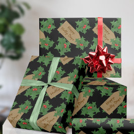 Holiday Festive Holly Berry Custom Black Christmas Geschenkpapier