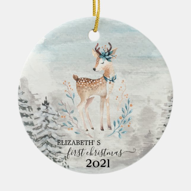 Holiday First Christmas Baby Rentier Keramik Ornament (Vorne)