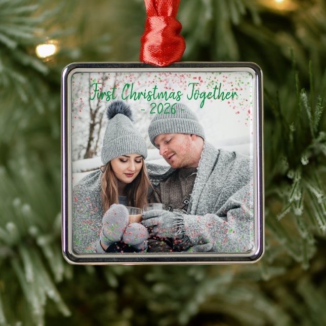 Holiday First Christmas Foto Glitzer Script Metal Ornament Aus Metall (Baum)