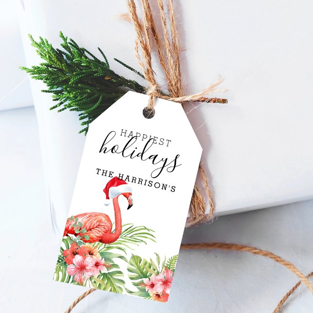 Holiday Flamingo Personalisierte Blumenweihen Geschenkanhänger (Holiday Flamingo Floral Christmas Personalized Gift Tags)
