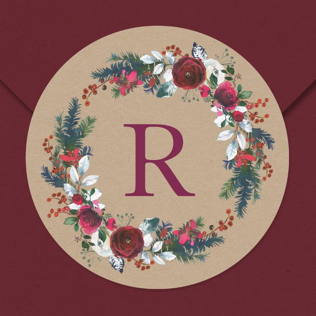 Holiday Floral Christmas Wreath Monogram Runder Aufkleber (Von Creator hochgeladen)