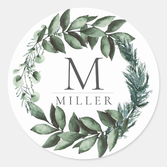 Holiday Floral Eukalyptus Initial Monogram Runder Aufkleber (Vorderseite)