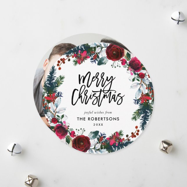 Holiday Floral Weihnachtskranz Foto Feiertagskarte (Vorderseite/Rückseite Beispiel)