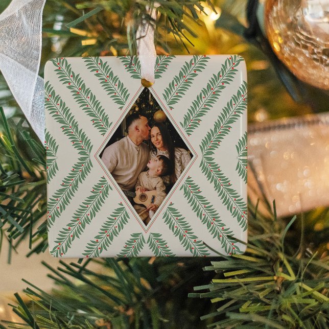 Holiday Foliage Quadrant Ivory and Green Keramikornament (Photo Ornament)