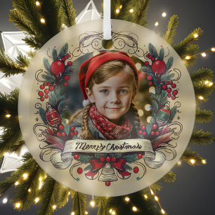 Holiday Foto Portrait Festivals Rot & Aquamariner  Ornament Aus Glas