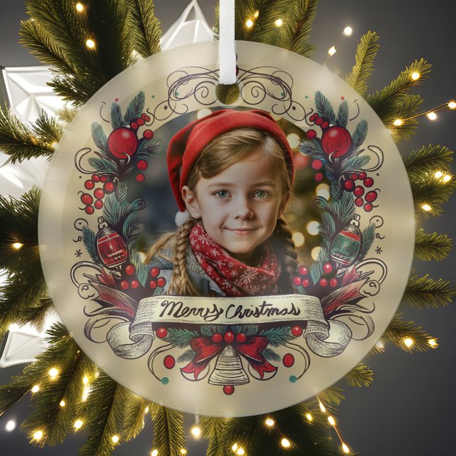 Holiday Foto Portrait Festivals Rot & Aquamariner  Ornament Aus Glas (Glass photo Christmas ornament with your holiday portrait beautifully framed by a vibrant wreath.)