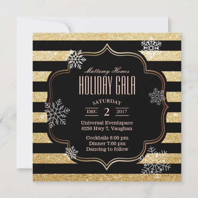 Holiday Gala Black & Gold Streifen Snowflakes Einladung
