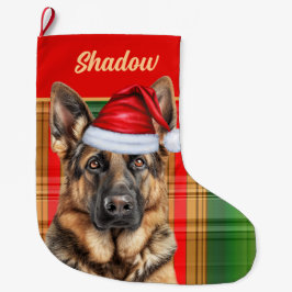 Holiday German Shepherd Plaid with Dog's Name Großer Weihnachtsstrumpf