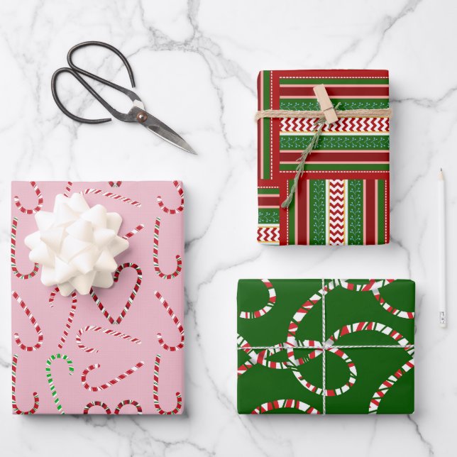 Holiday Gift Wrap mit Candy Canes und Ribbons Geschenkpapier Set (Vorderseite)