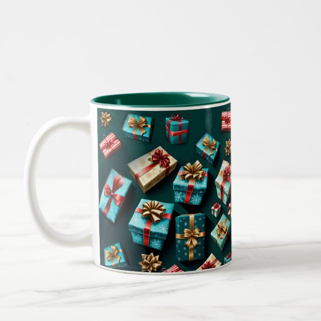 Holiday Gifts Stylish Wrap Gold Blue Red  Zweifarbige Tasse (Links)